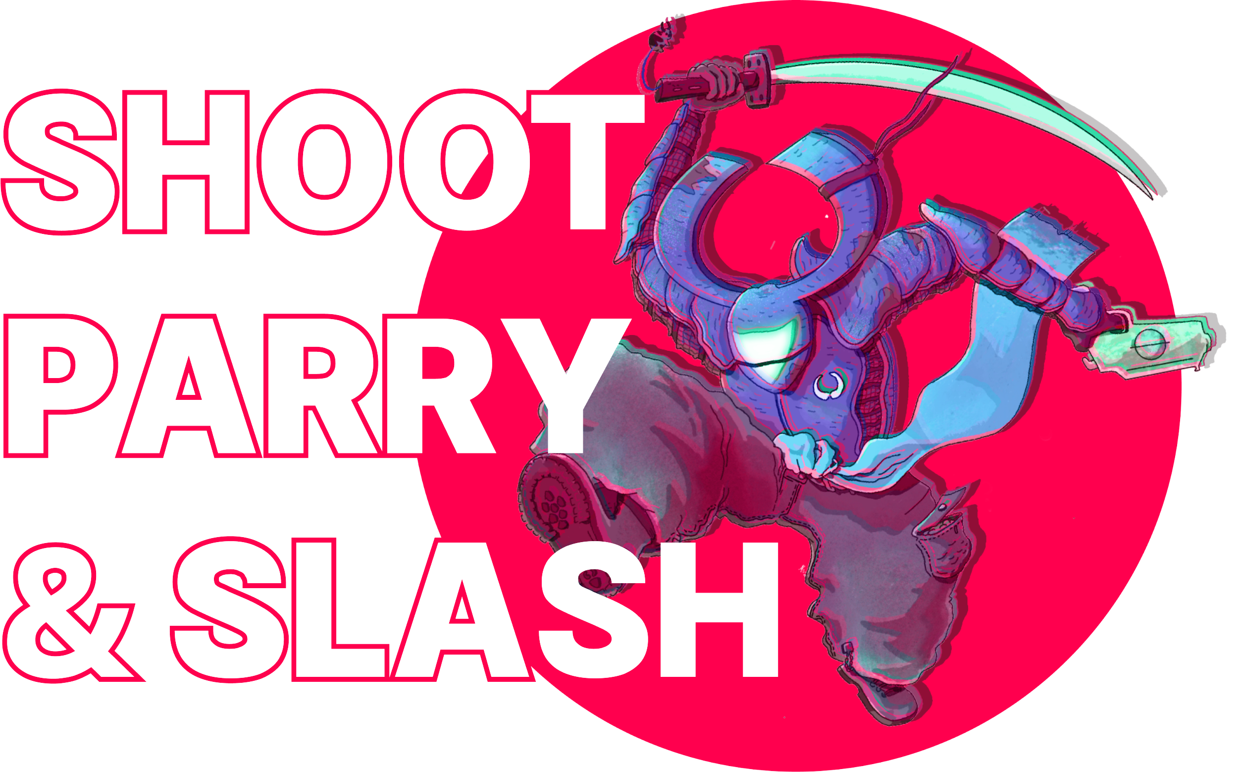 A homonculus with a sword jumping through a big red circle in front of the words 'Shoot, Parry & Slash'.